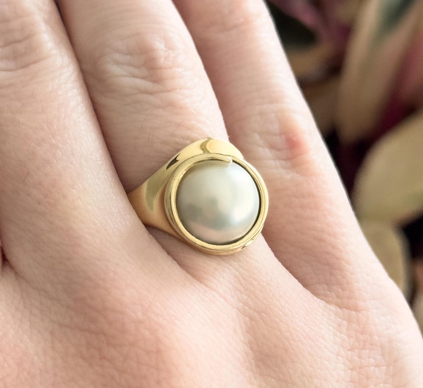 Vintage Mabe Pearl Ring in 14K Yellow Gold Swirl Ring