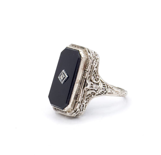 Antique Art Deco Flip LOCKET Ring in Chrysoprase and Onyx 14K White Gold