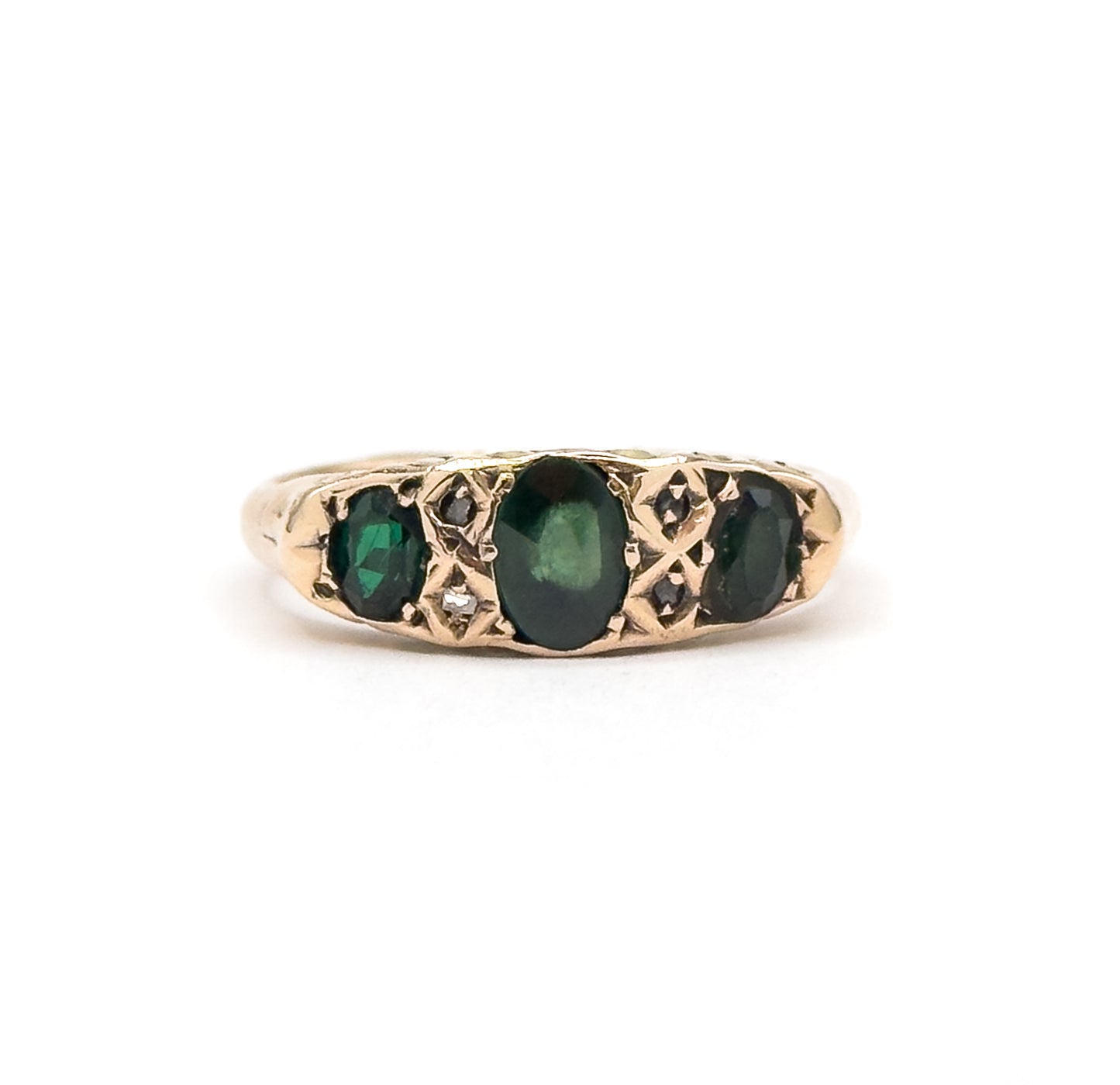 Edwardian Green Gemstone & Diamond Ring in 9K Gold - AS FOUND