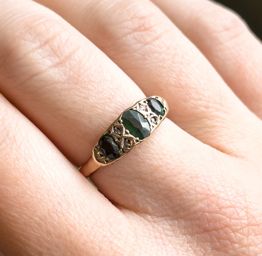 Edwardian Green Gemstone & Diamond Ring in 9K Gold - AS FOUND
