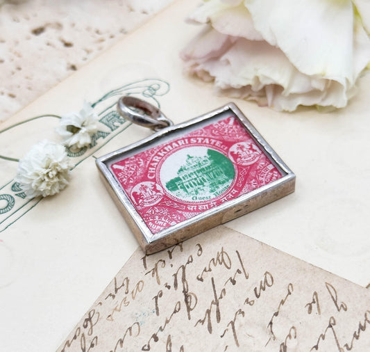 Vintage India Charkhari State Postage Stamp In Silver Frame Pendant Antique Stamp