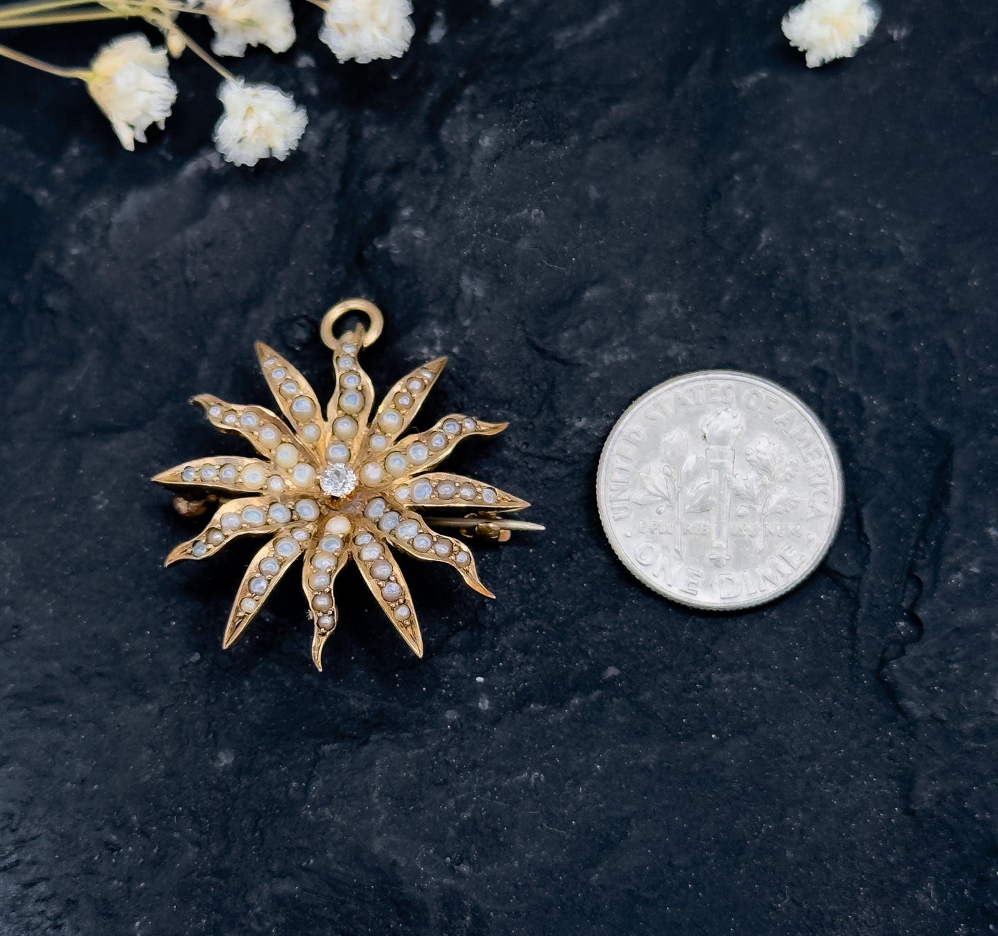 Antique Diamond Star Pendant w Seed Pearls Edwardian 12K Yellow Gold