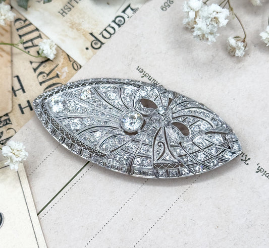 Art Deco Bow Brooch in Platinum with Old Cut Diamonds