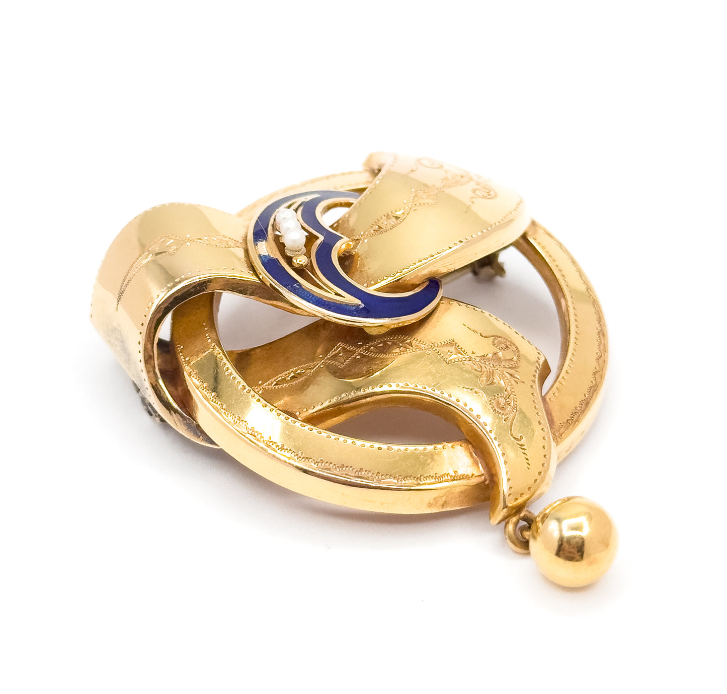 Gustav Dahlgren & Co Swedish Victorian Brooch with Seed Pearls and blue enamel in 18K Gold