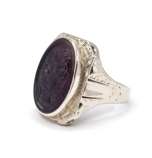 HUGE Art Deco Flapper Cameo Ring in 14K White Gold