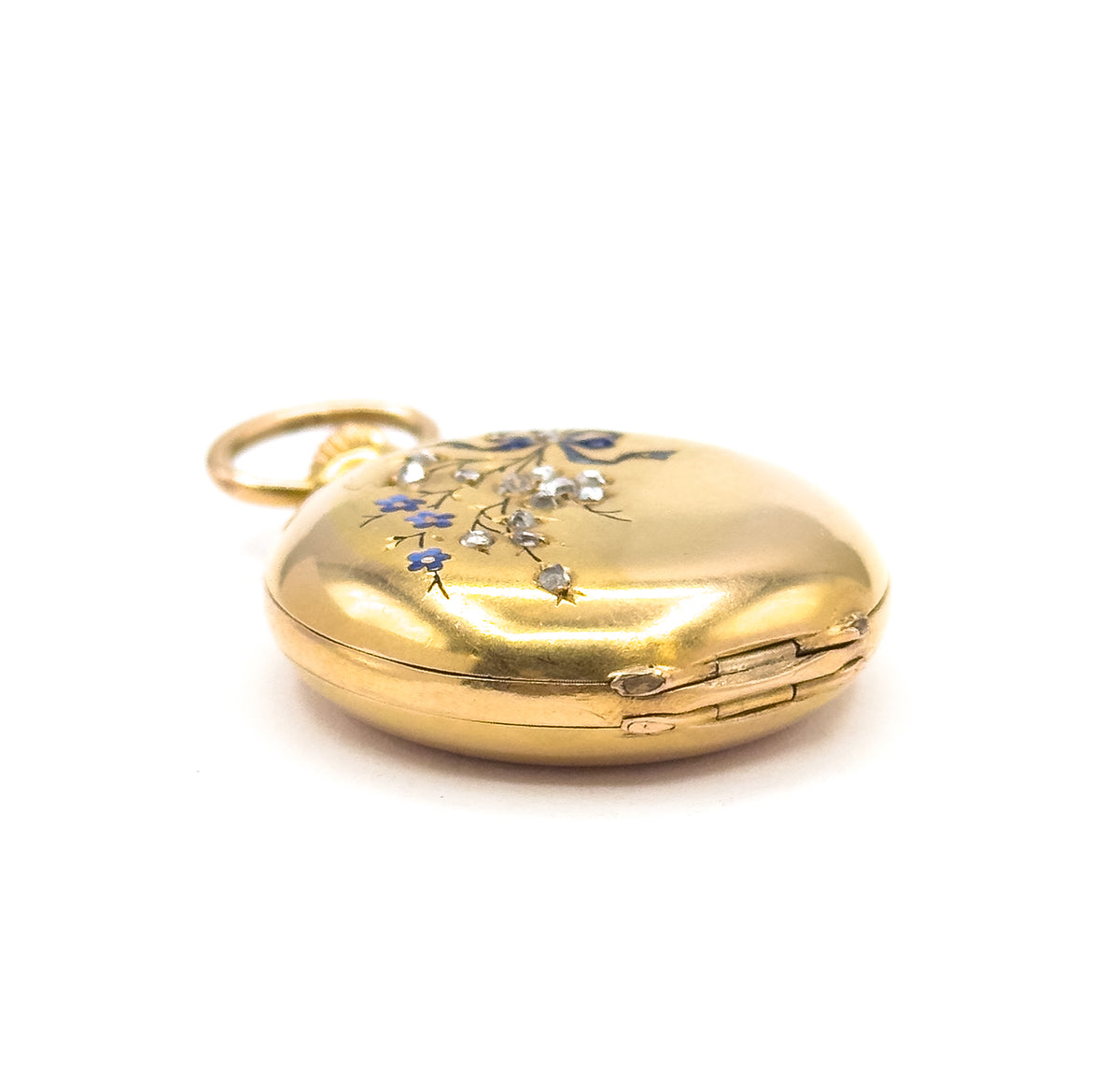 Edwardian J. Laforge Milan Watch Locket With Enamel Bow And Rose Cut Diamonds in Gold