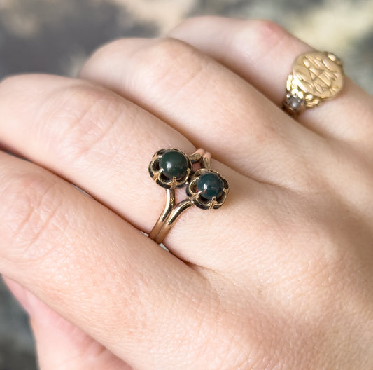Antique Bloodstone Moi et Toi Ring with Enamel Details in 10K Gold