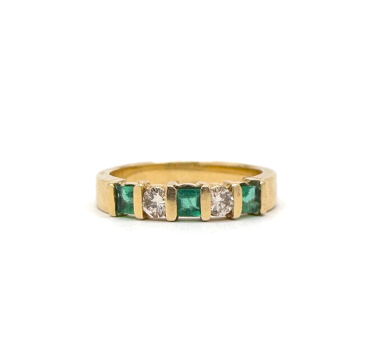 Vintage Princess Cut Emerald & Diamond Band Ring in 14K Yellow Gold