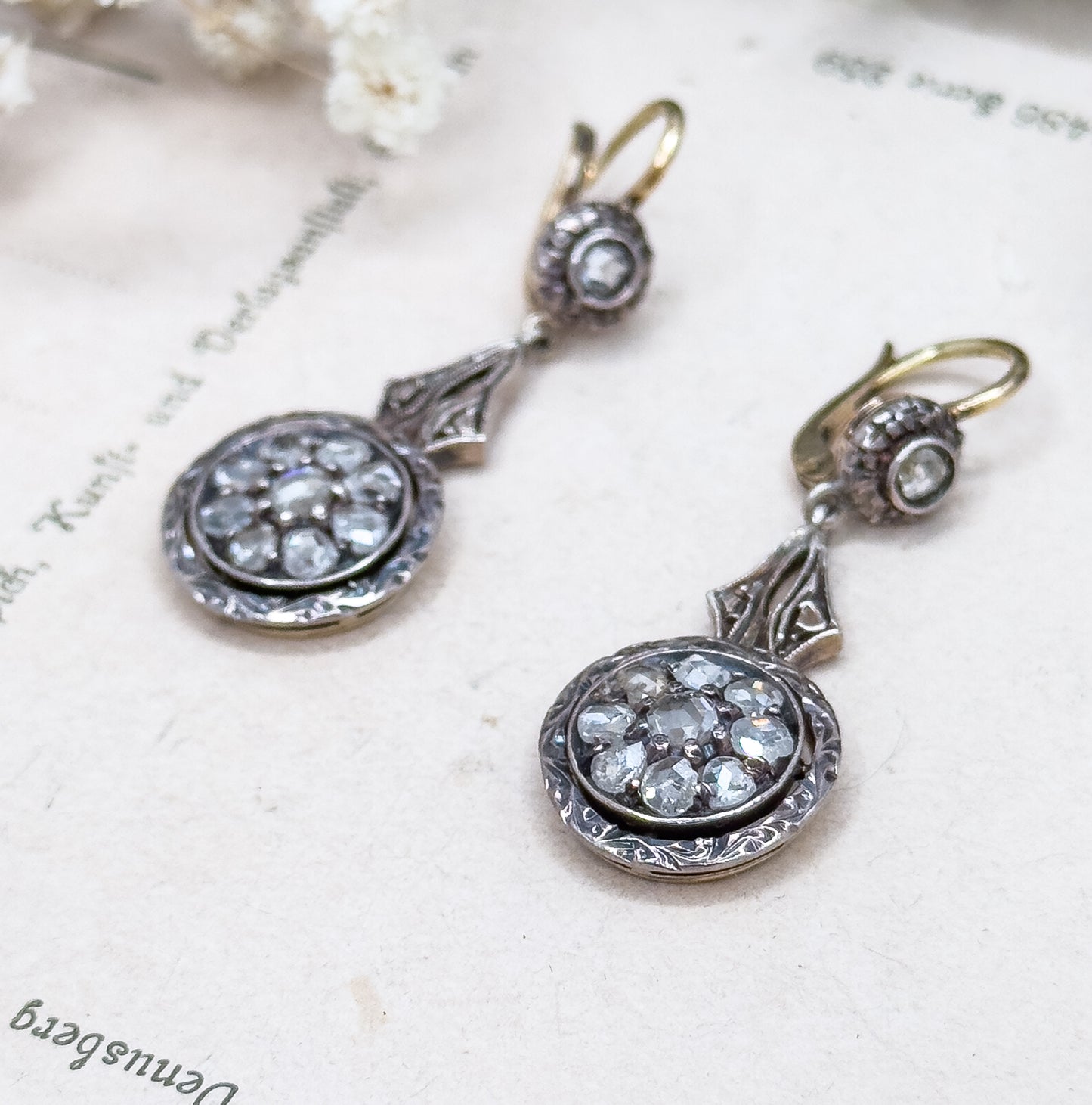 Antique Rose Cut Diamond Drop Earrings Silver Topped with 14K Gold Backs