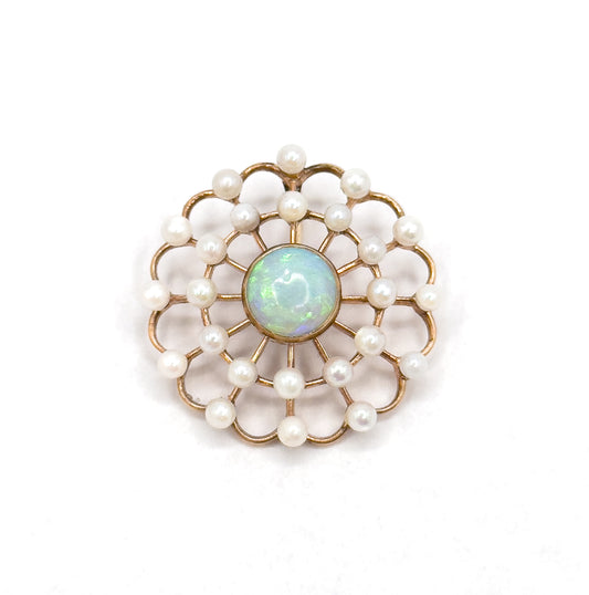 Edwardian Opal & Pearl Pendant in 14K Gold Spiderweb, Flower