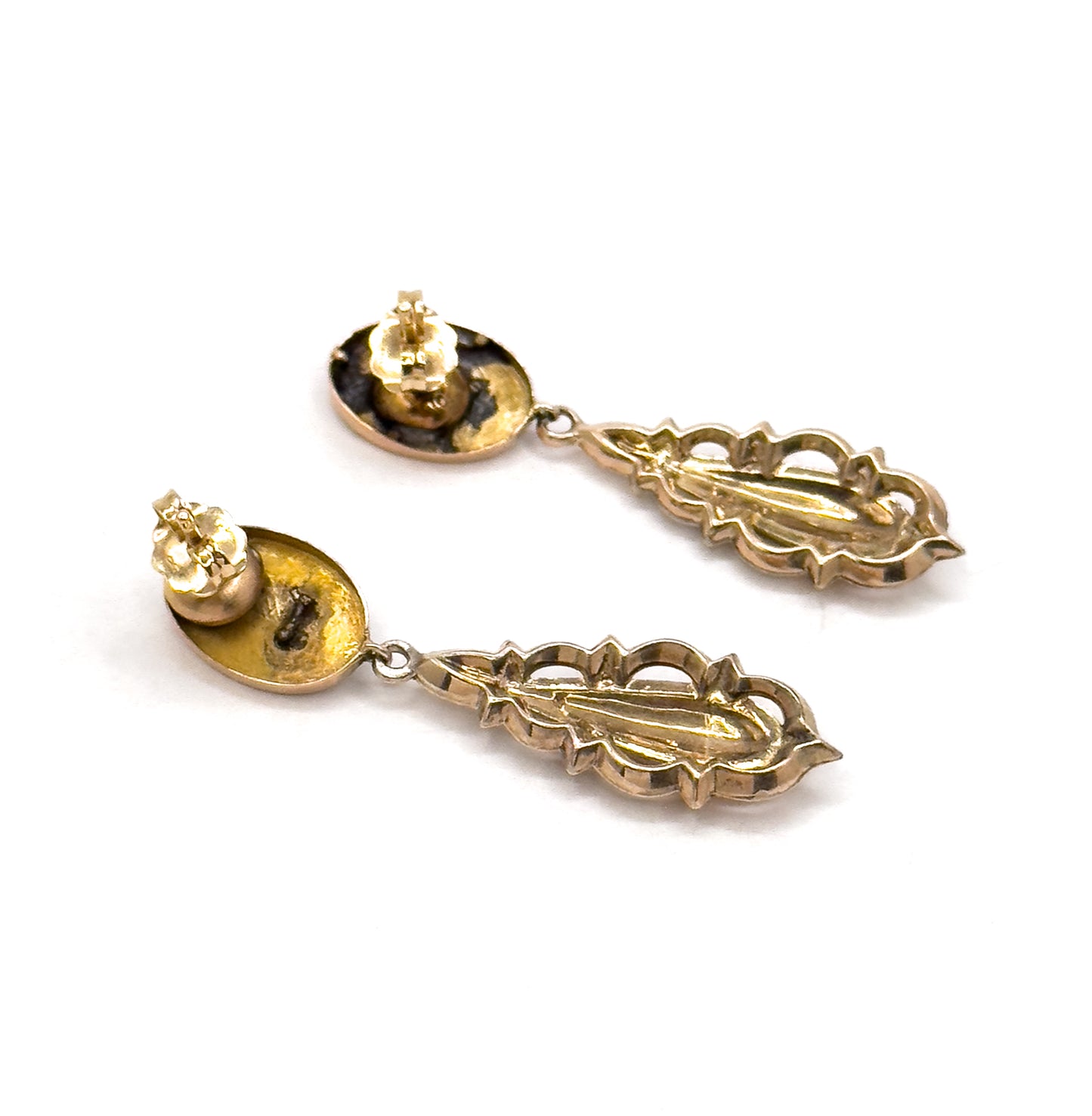 Antique Victorian taille d'épargne Drop Stud Earrings in 14K Yellow Gold