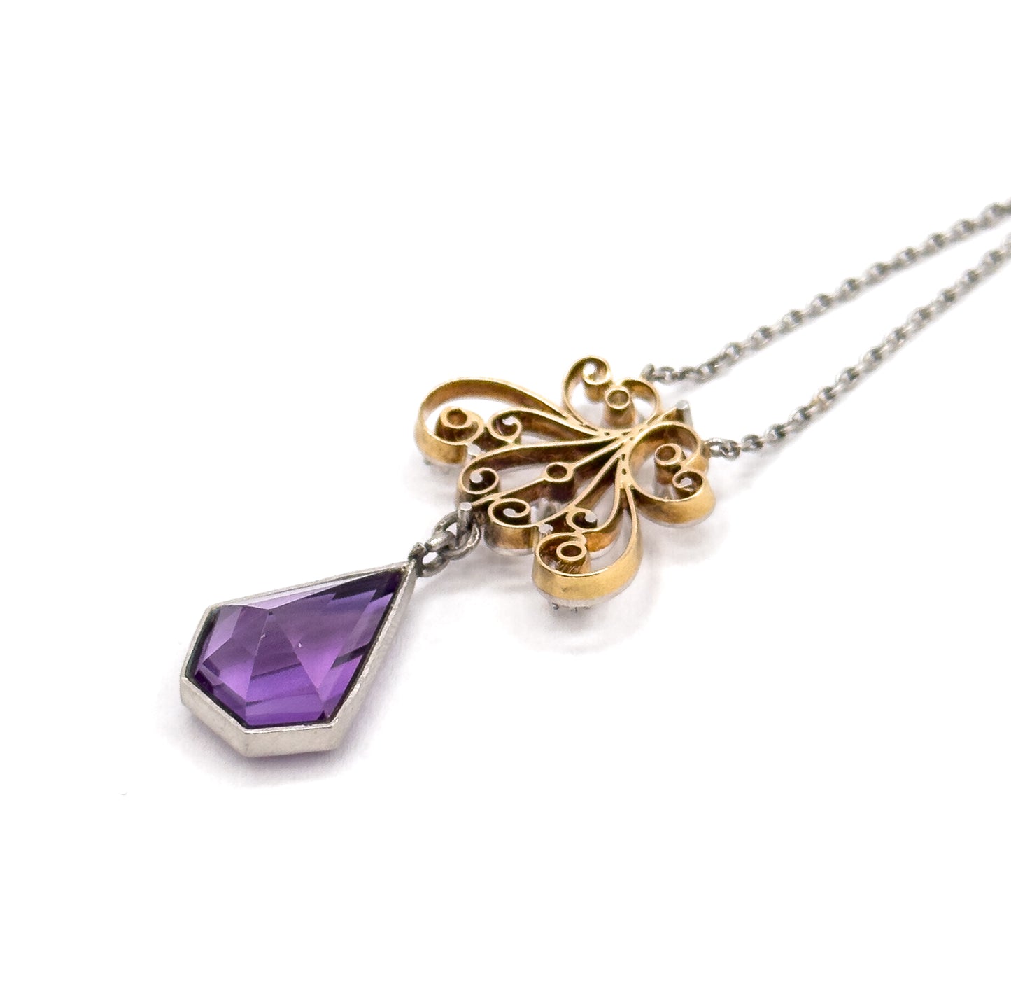 Antique Old European Cut Diamond & Amethyst Pendant in Platinum and 15K Gold