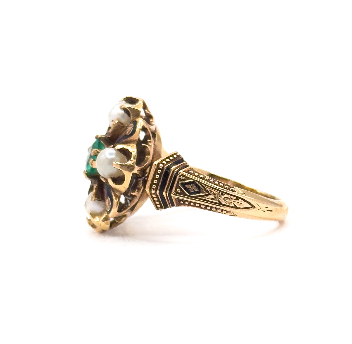 Victorian Emerald & Pearl Ring with Black Enamel in 14K Gold - As Is