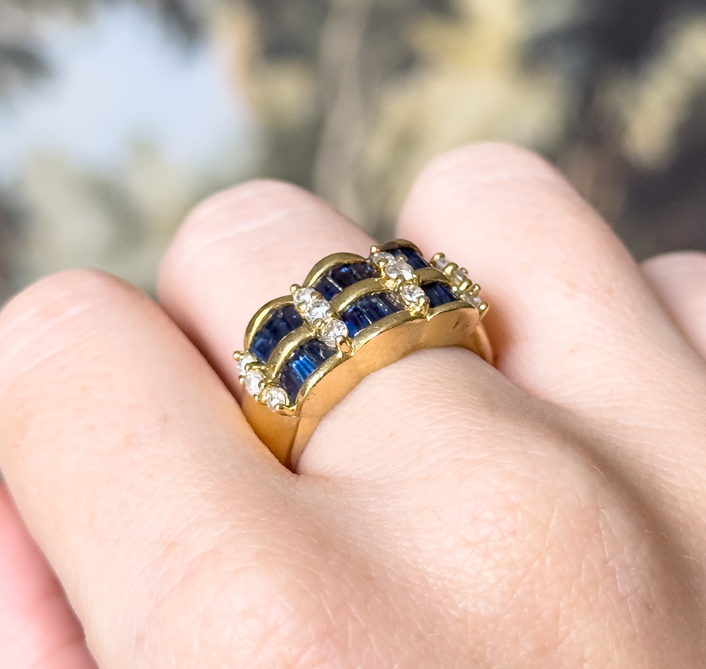 Vintage Baguette Sapphire & Diamond Scalloped Ring in 14K Gold