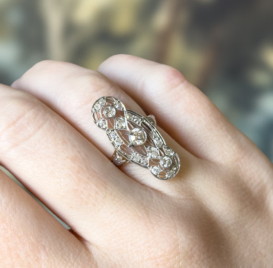 Edwardian Diamond Filigree Shield Ring in Platinum & Gold