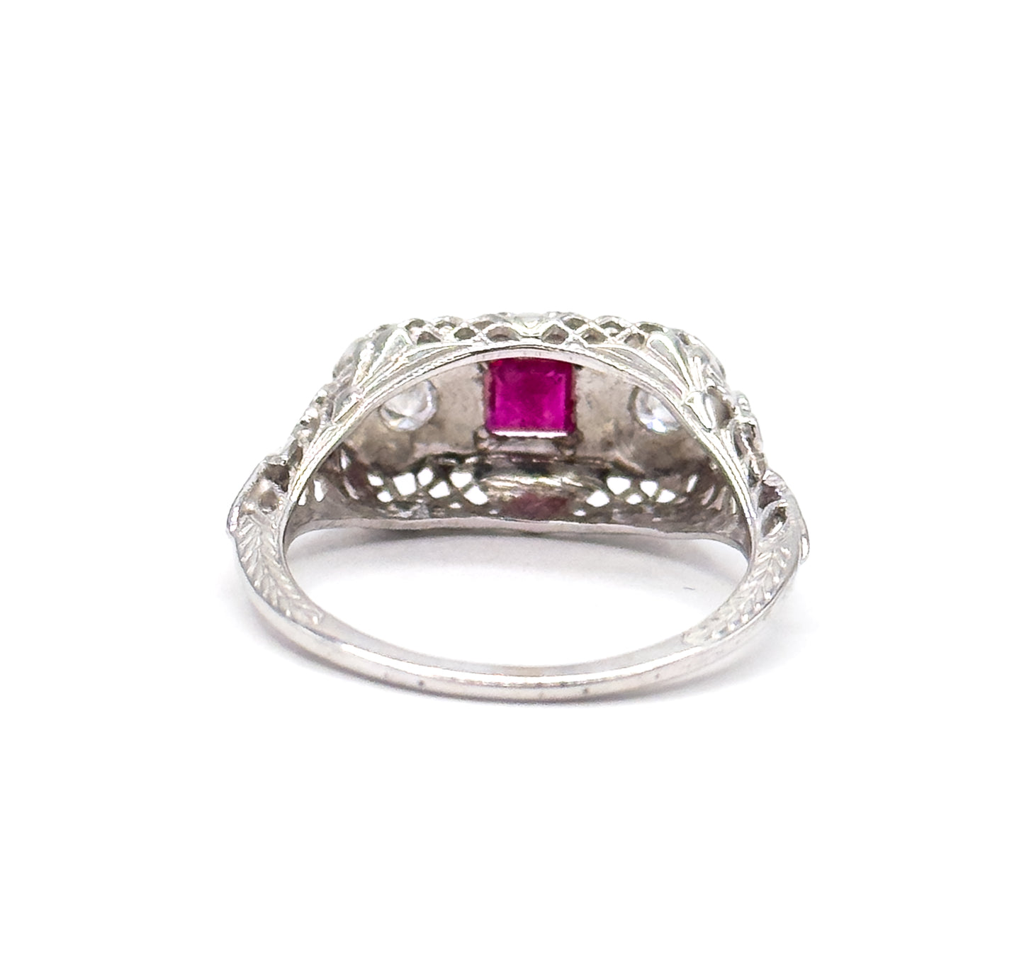 Art Deco Ruby & Diamond Filigree Ring in 18K White Gold