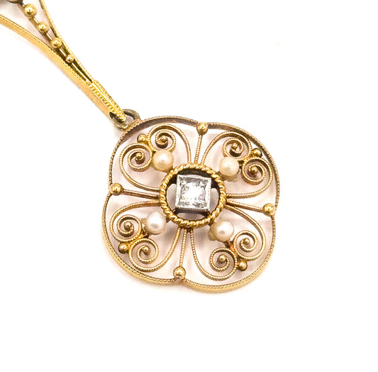 Antique Filigree Diamond & Pearl Pendant in Gold