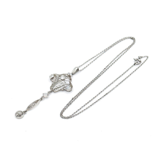 Edwardian Diamond Filigree Pendant Necklace in Platinum