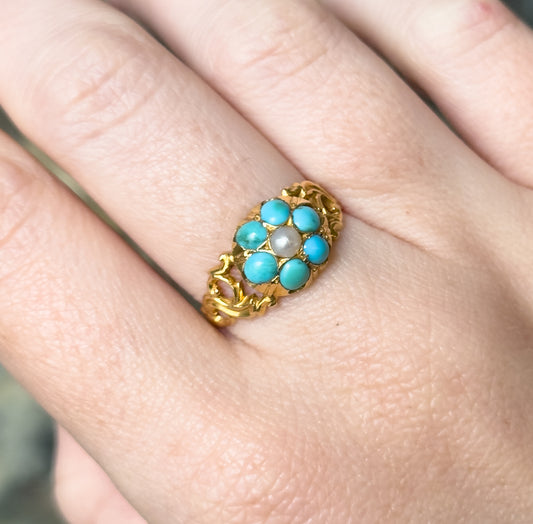 Victorian Turquoise & Pearl Flower Ring in 18K