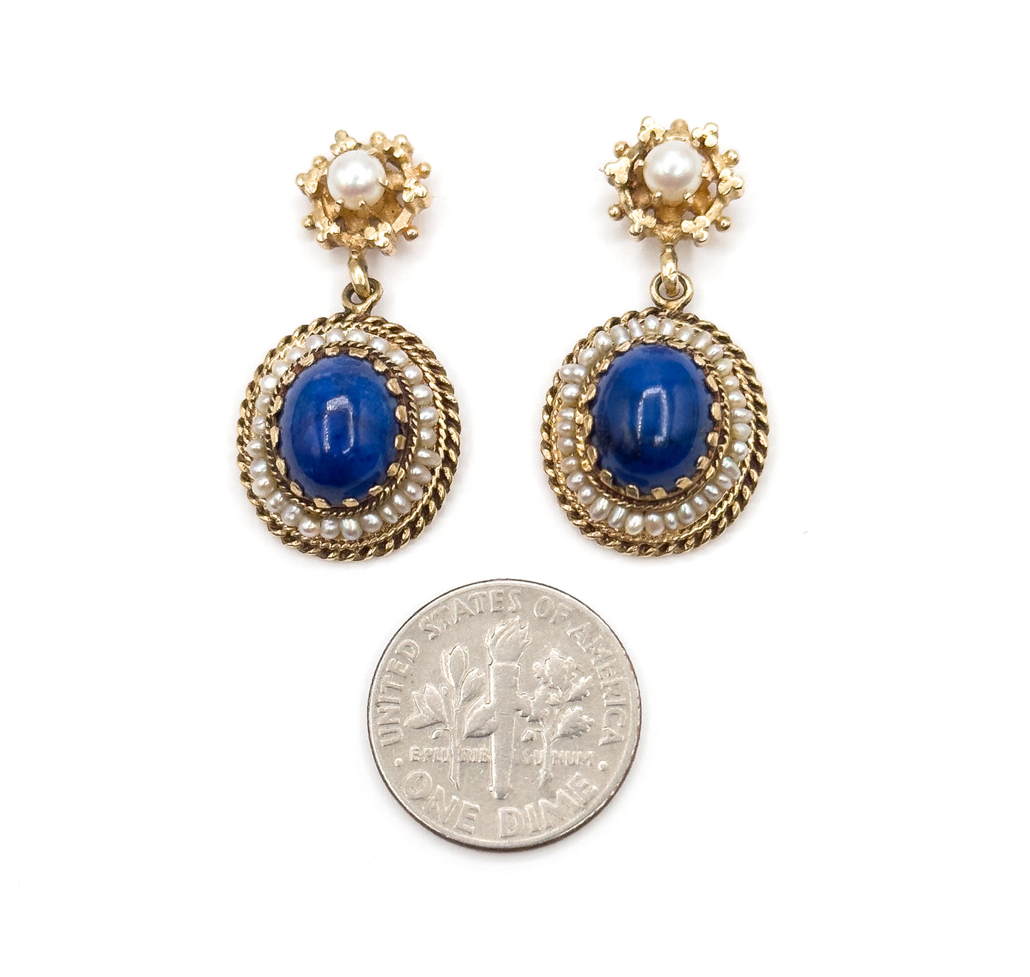 Vintage VIctorian Revival Lapis & Seed Pearl Drop Earrings 14K