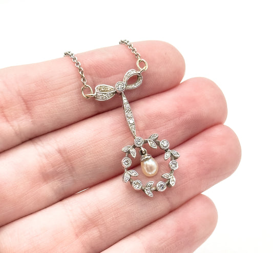 Edwardian Diamond & Pearl Bow Wreath Necklace in White Gold