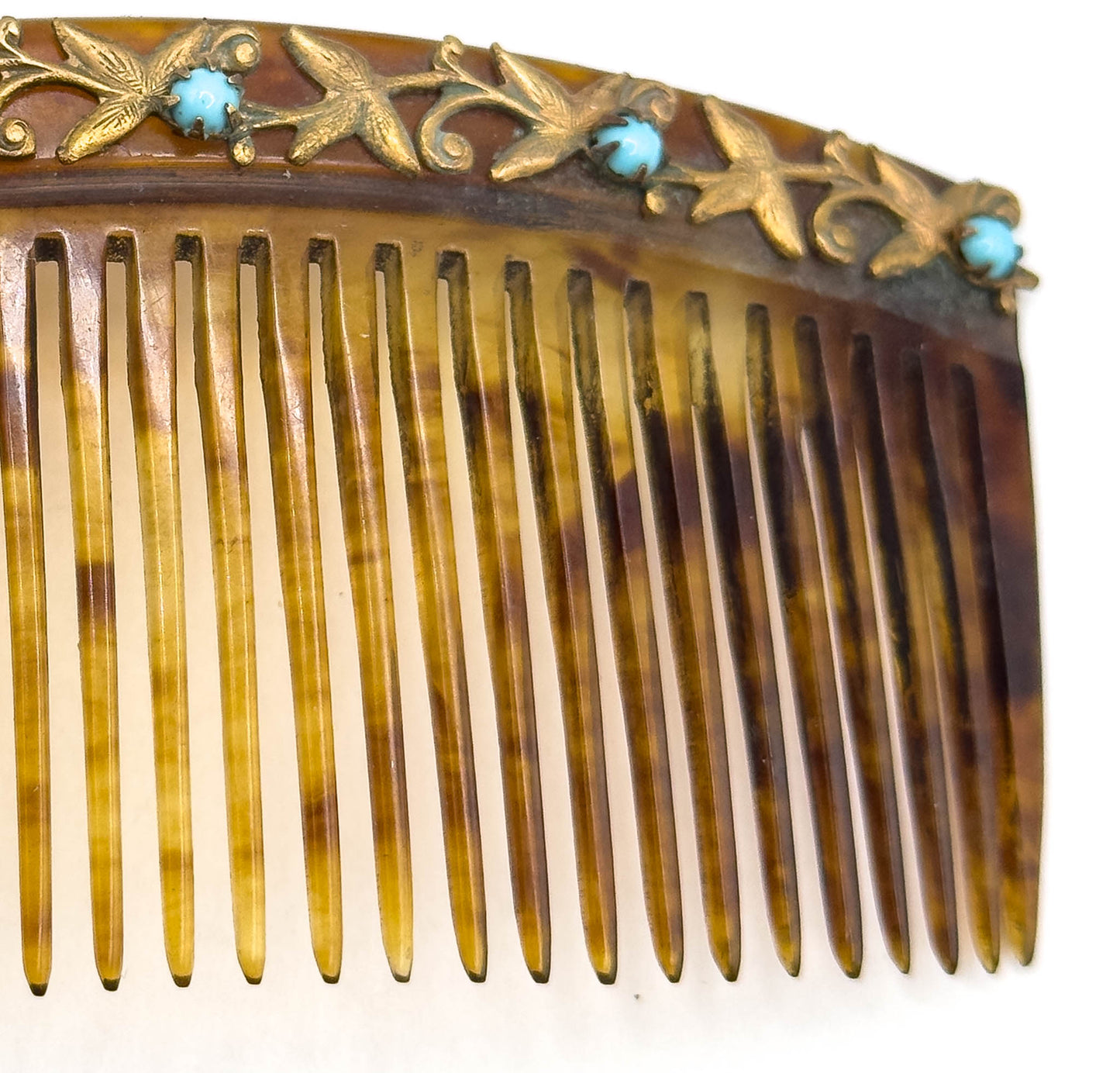 Antique Celluloid Comb with Turquoise Glass Cabochons
