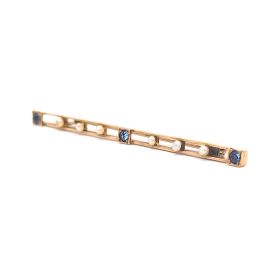 Edwardian Bar Brooch with Seed Pearls & Blue Paste Gems in Gold
