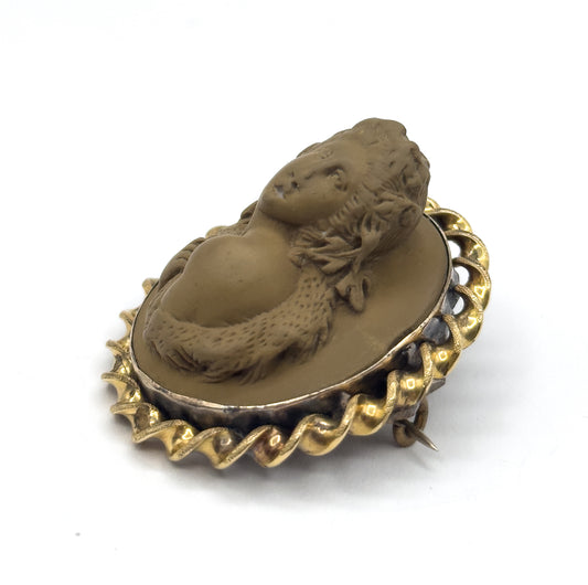 Victorian Bacchante Lava Cameo Brooch in High Relief