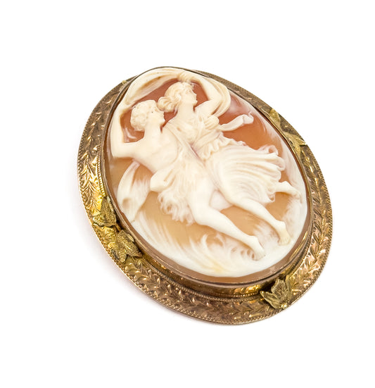 Edwardian Signed Carved Shell Cameo Brooch 10K GF