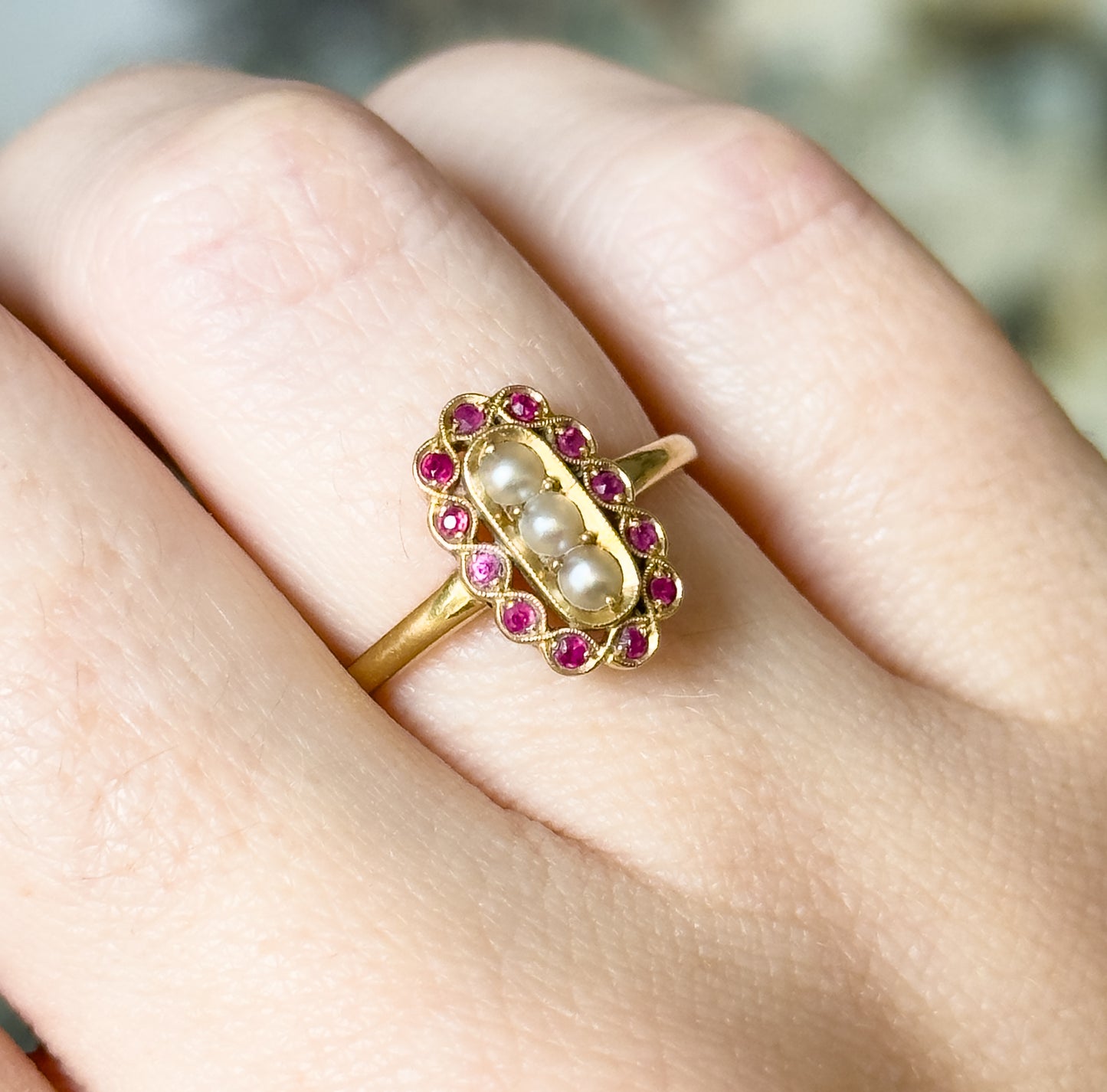 Contemporary Pearl & Ruby Scalloped Ring in 14K Yellow Gold