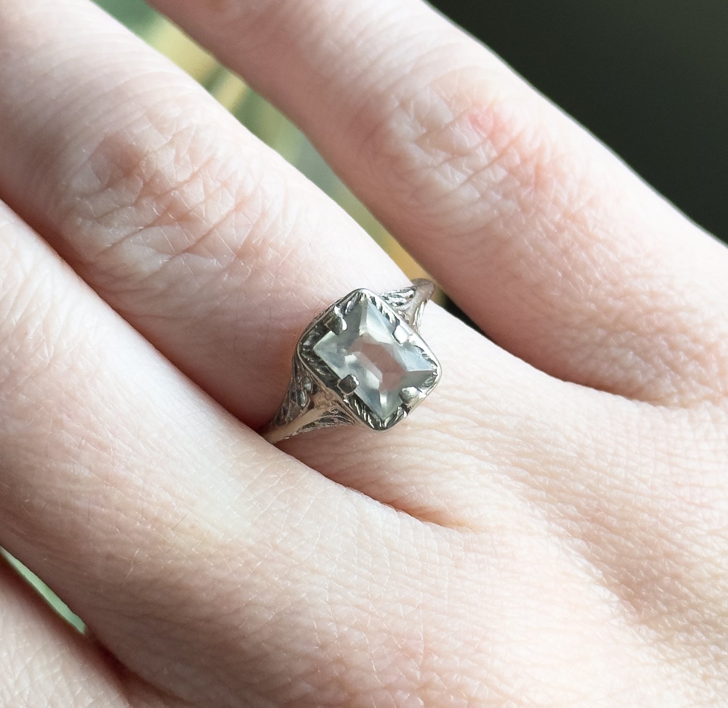 Art Deco Aquamarine Ring in 10K White Gold filigree