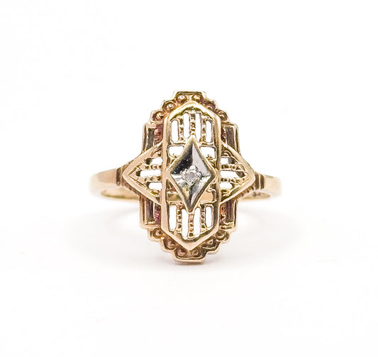 Vintage Art Deco Style Diamond Filigree Ring in 10K Two-Tone Gold