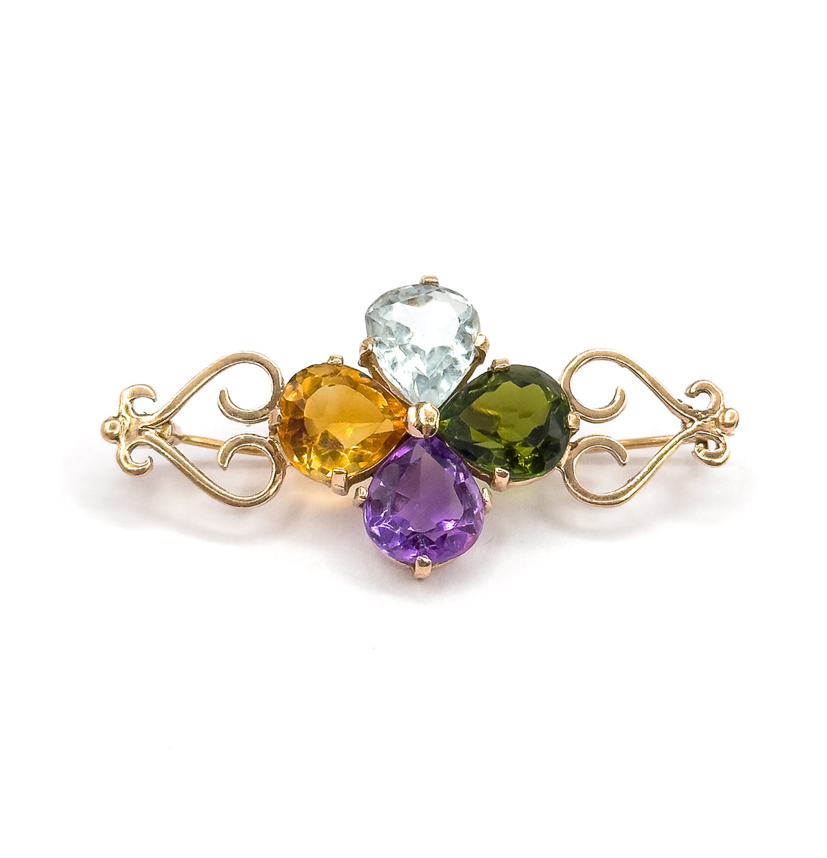 Straight face-up view with no coin, showing the clover's aquamarine at top, tourmaline right, amethyst below and citrine left, flanked by rose gold heart-shaped scrolls with beaded tips.