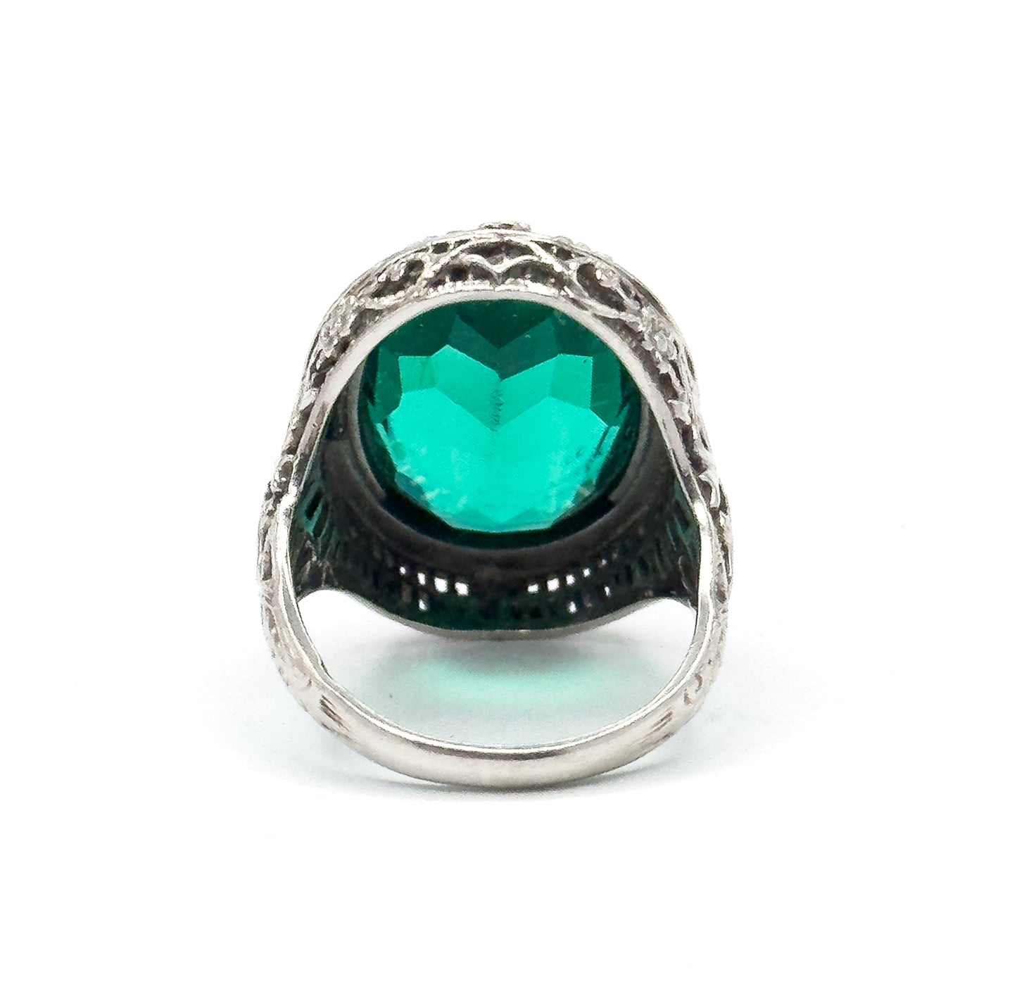 Art Deco Green Glass Paste Ring with Pearl Halo & Bow Filigree Details in White Gold