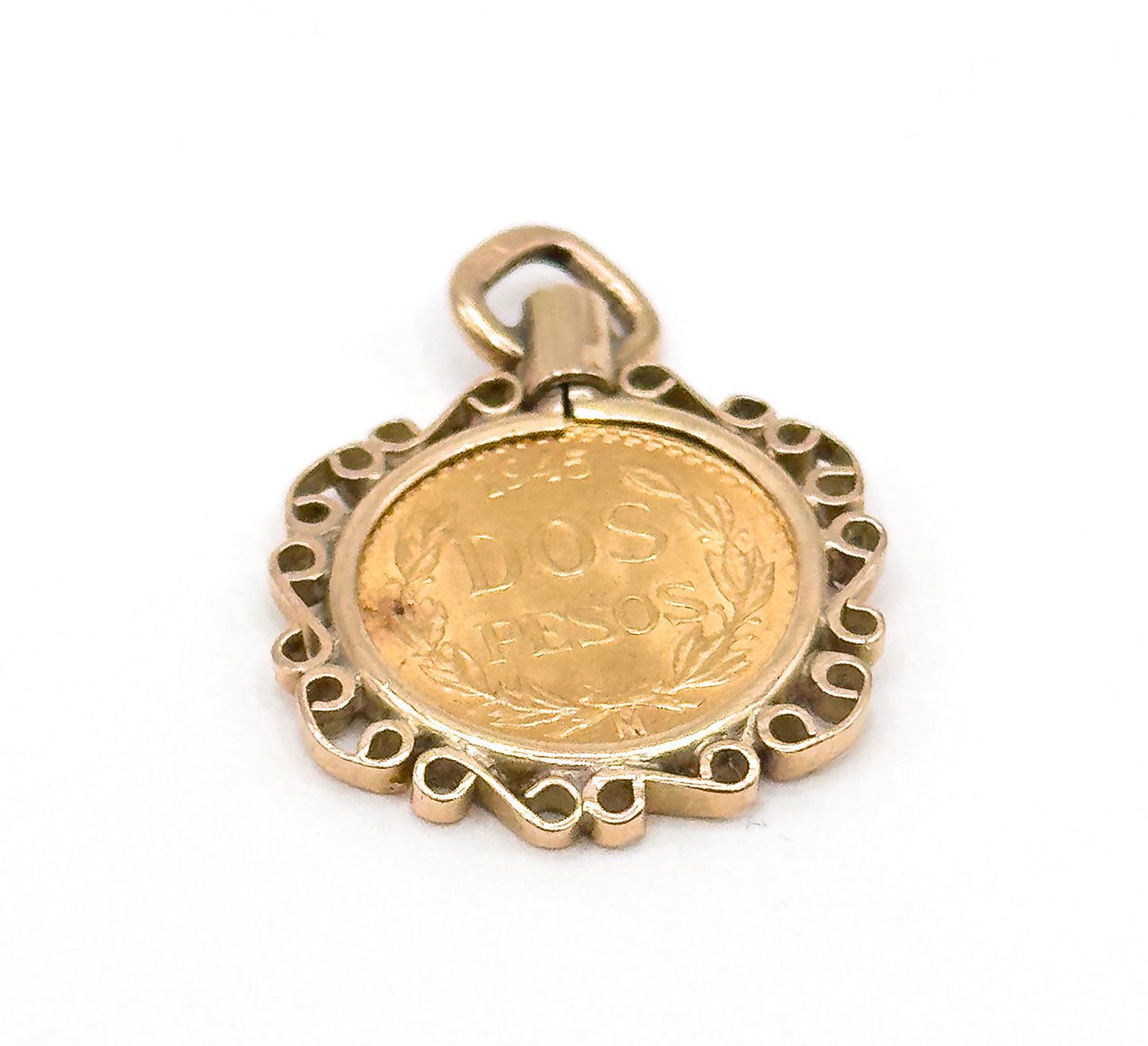 Vintage Gold Dos Pesos Coin in Bezel Pendant