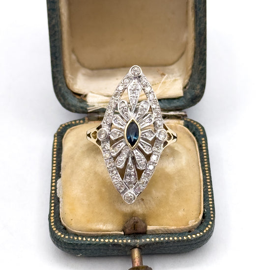 Vintage Marquise Sapphire & Diamond Openwork Navette Ring in two tone 14K Gold