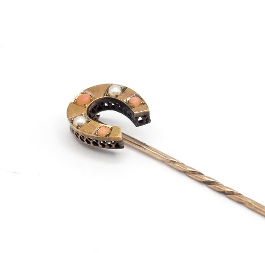 Victorian Horseshoe Stick pin with Coral and Pearls in gold