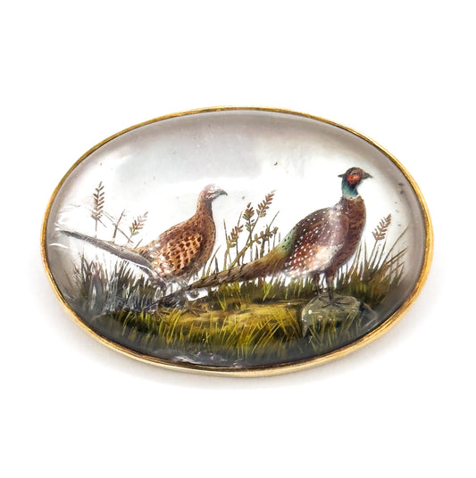 Edwardian Marcus & Co Reverse Carved Essex Crystal Pheasant Brooch in Gold