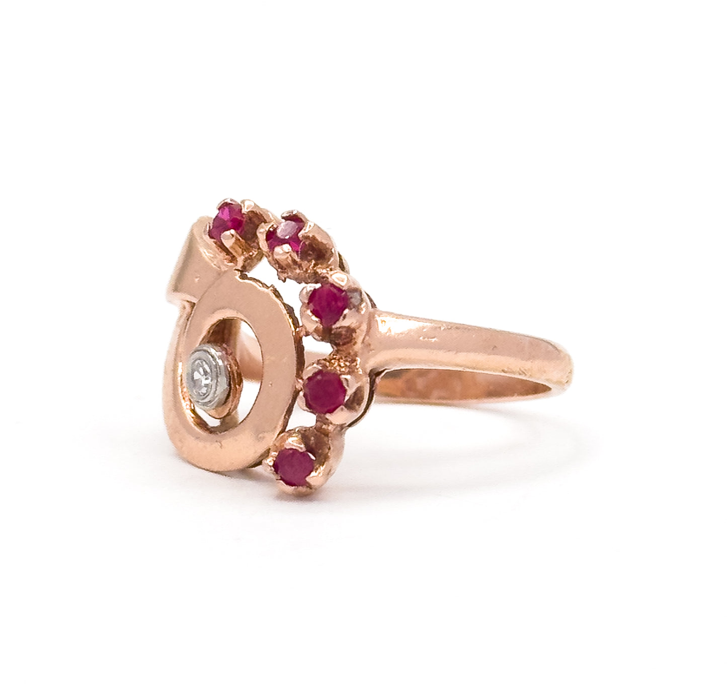 Retro Synthetic Ruby & Diamond Swirl Ring in 14K Rose Gold