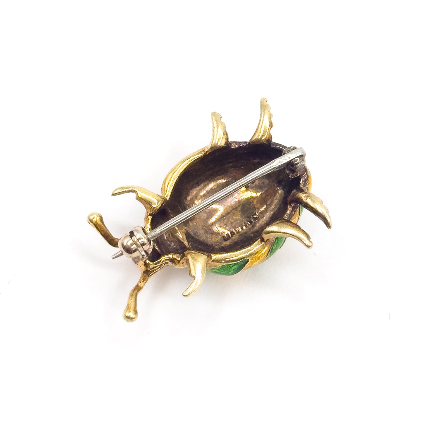 Mid-Century Green & Yellow Enamel Beetle Pin in 14K Gold