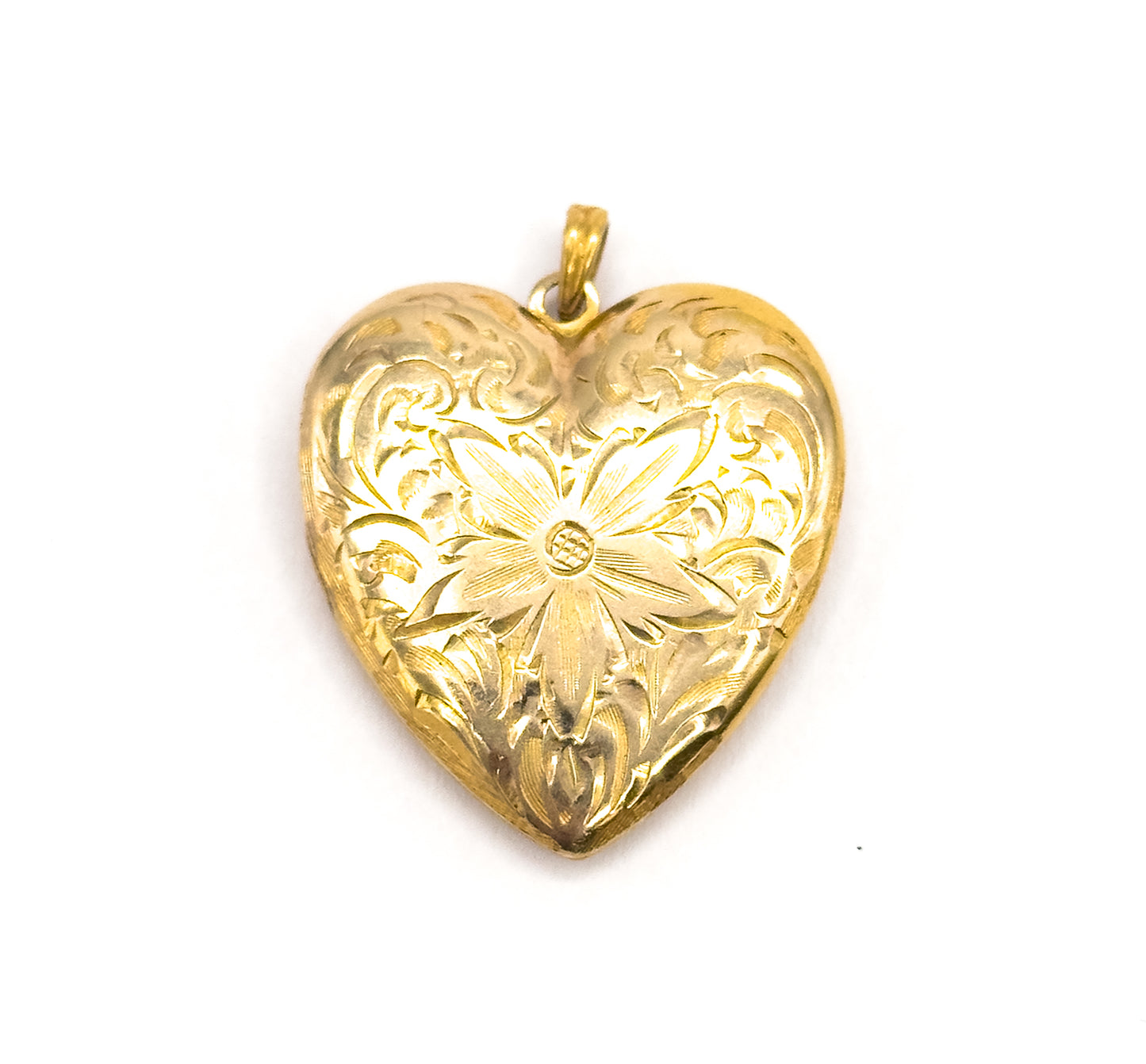 Mid-Century Engraved Floral Heart Locket in 10K Yellow Gold