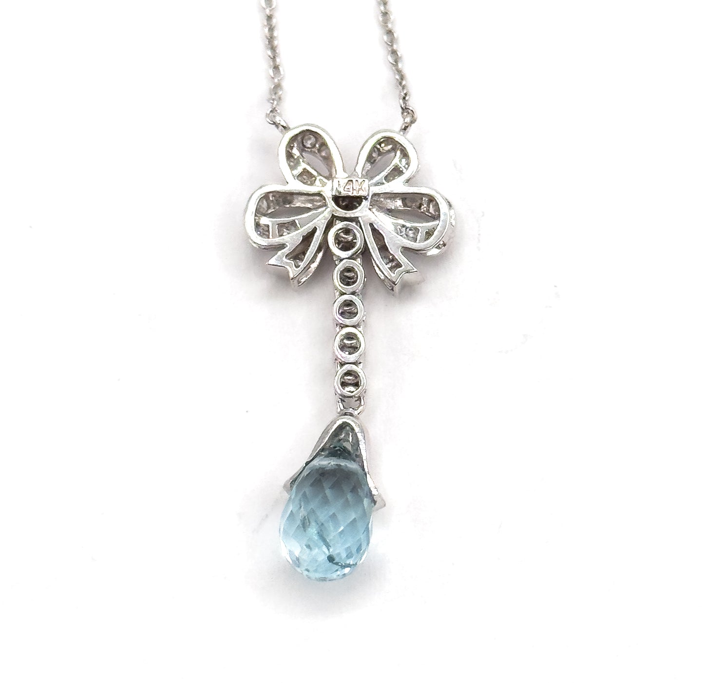 Aquamarine Briolette & Diamond Bow Necklace in 14K White Gold