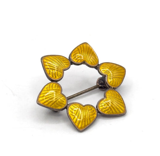 Vintage Yellow Guilloche Heart Wreath Brooch in Silver