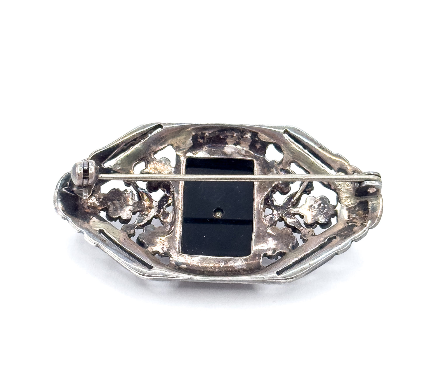 Art Deco Onyx & Pearl Brooch in Silver