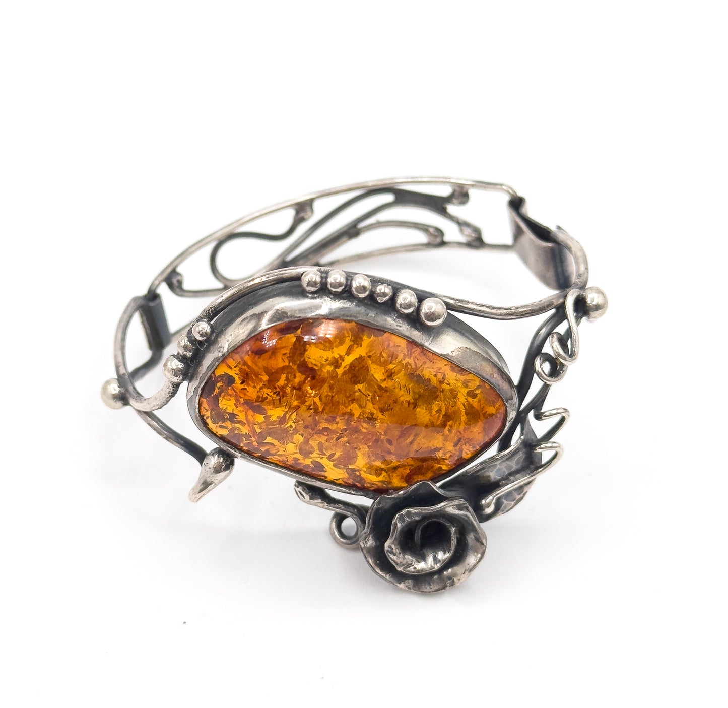 Vintage Handmade Amber Rose Bracelet in Silver