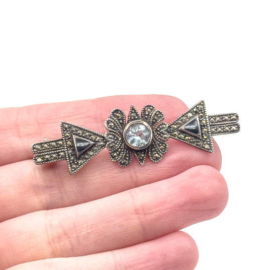 Vintage Blue Topaz & Marcasite Brooch in Sterling Silver