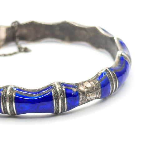 Mid-Century Blue Enamel Bamboo Bangle Bracelet in Sterling Silver