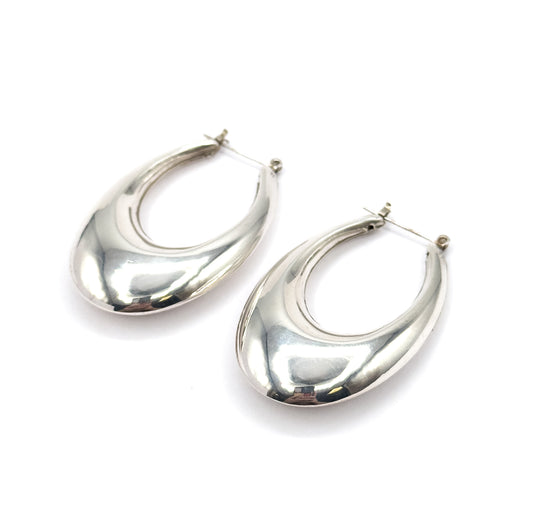 Late 20th Century Elongated Puffy Hoop Earrings in Sterling Silver