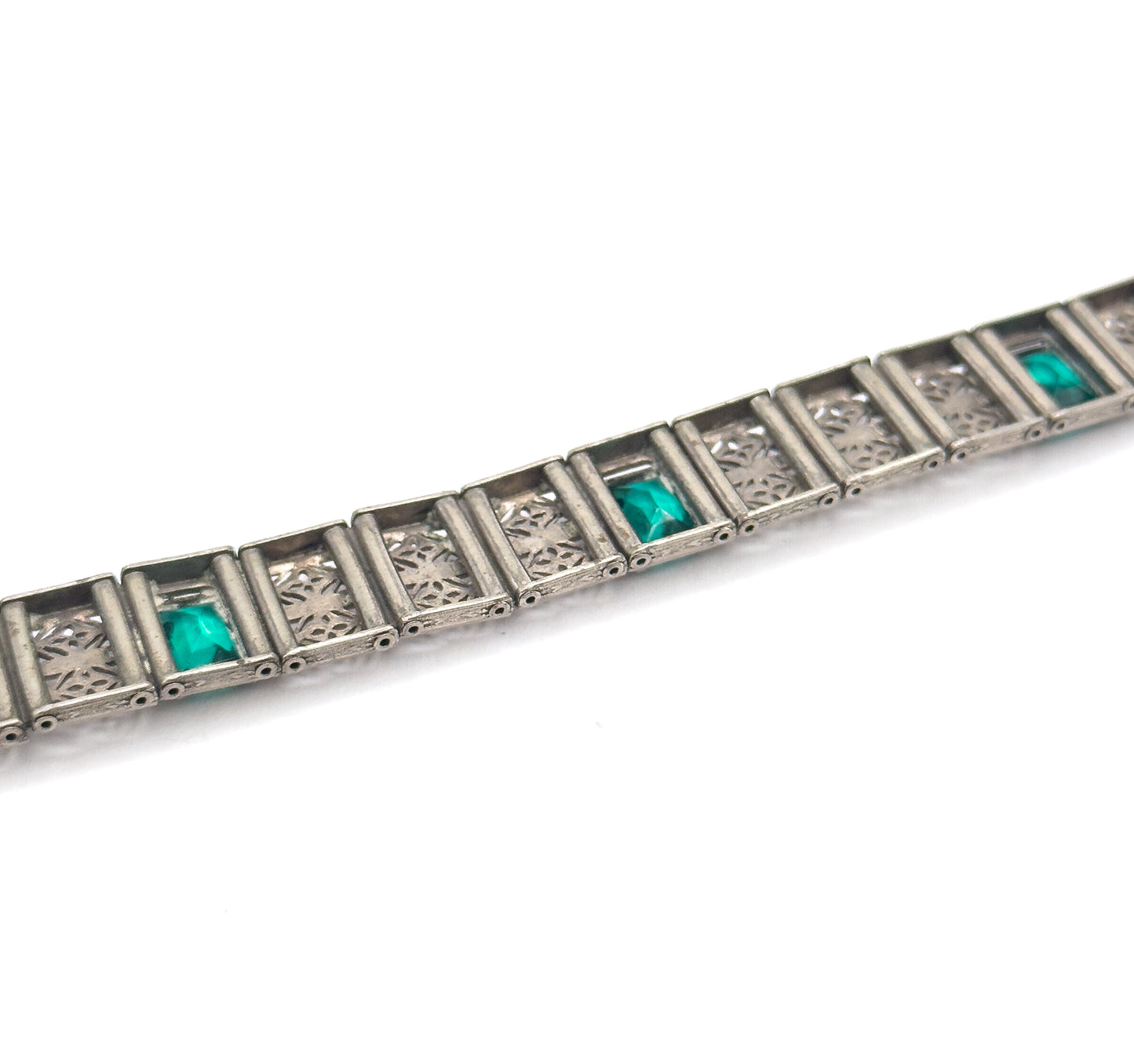 Art Deco Green Glass Filigree Bracelet in White Metal