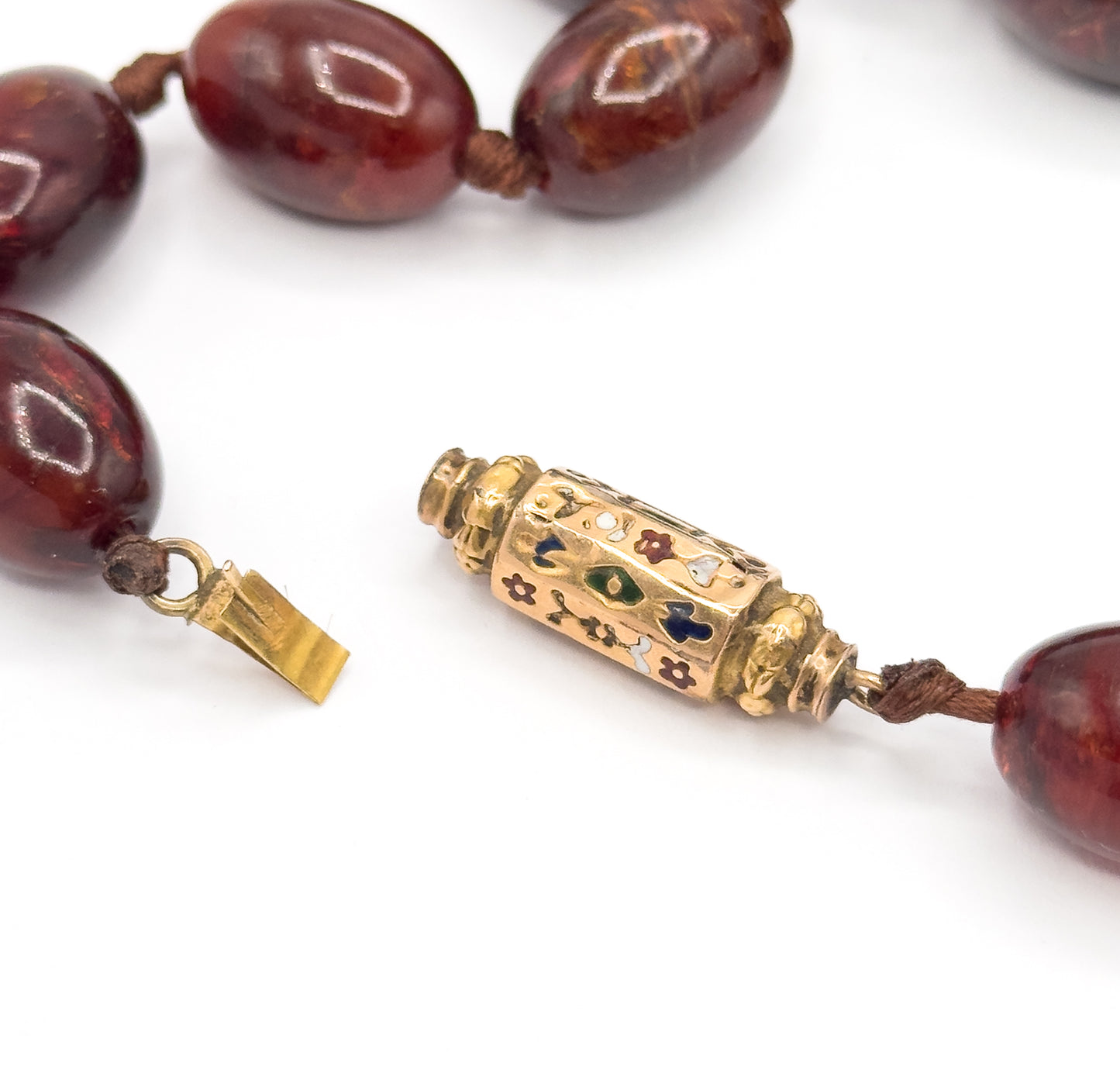Antique Red Amber Bead Necklace in 15K Gold
